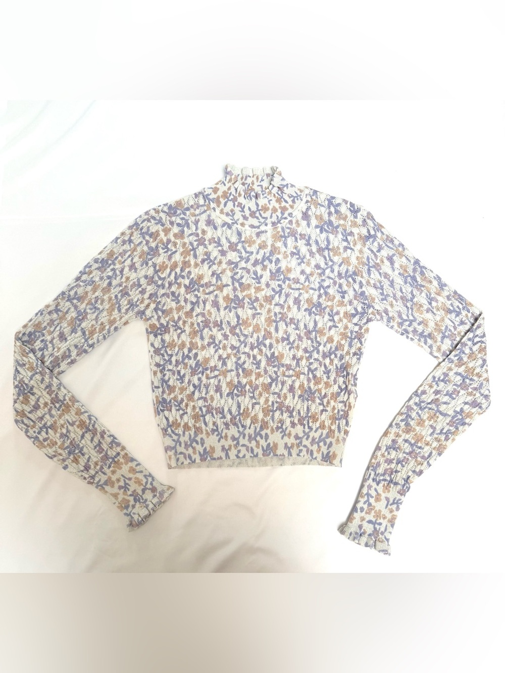 Zara Fine Knit Top Floral Print Mock Neck Ruffle Long Sleeve Sweater Cottagecore - Picture 6 of 12
